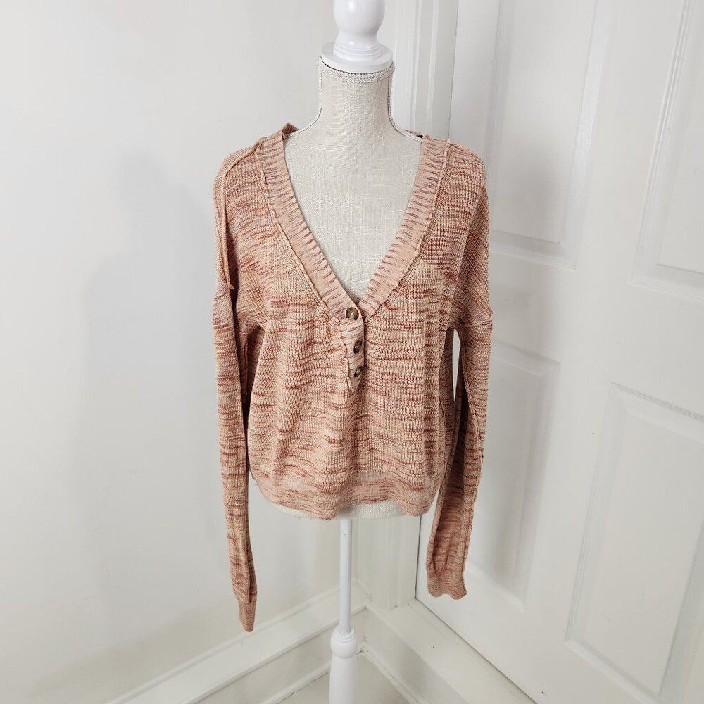 Free People Sweater Womens S Pink Mercury Henley Slouchy Ribbed Knit Oversized